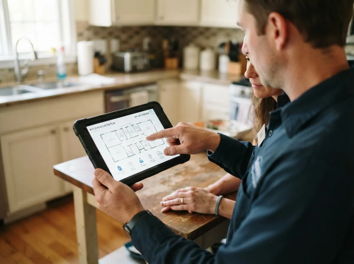 Water damage restoration technician inspecting a home in Conneaut Lake, PA